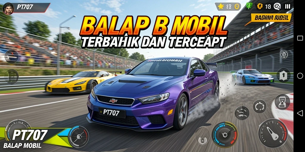 Screenshot utama PT707 menampilkan mobil balap dalam aksi di trek yang spektakuler.
