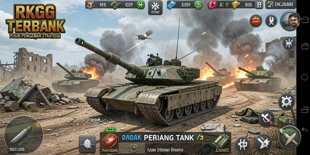 Antarmuka permainan RKGG dengan action tank yang mendebarkan.