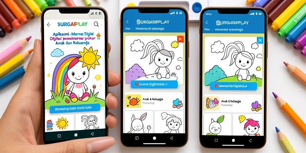 Antarmuka SURGAPLAY menampilkan beragam gambar mewarnai yang menarik untuk anak-anak.